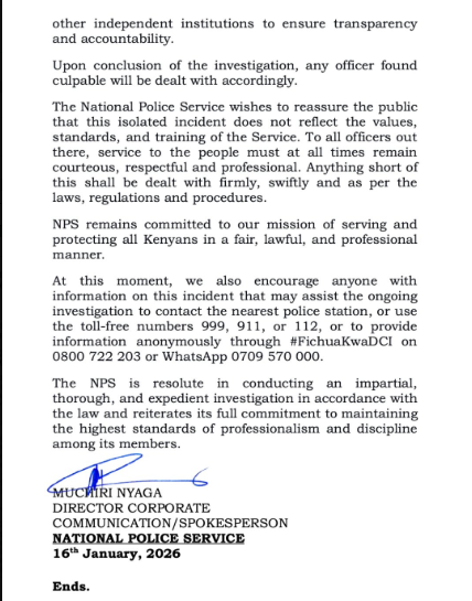Statement of NPS on police misconduct in Nandi Hills on Friday, January 16, 2026. PHOTO/@NPSOfficial_KE/X