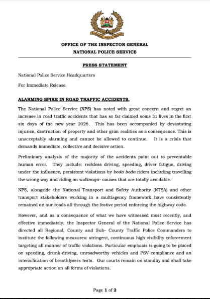 National Police Service on the rising road accidents in the country. PHOTO/@NPSOfficial_KE/X