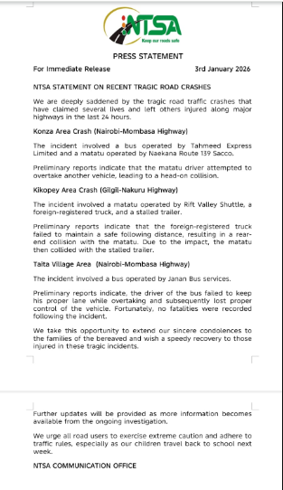 Statement of NTSA on the recent tragic road crashes released on Saturday, January 3, 2026. PHOTO/@ntsa_kenya/X