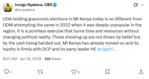 X statement of Irungu Nyakera on UDA conducting grassroots elections in Mt Kenya on Saturday, January 10, 2026. PHOTO/Screengrab by People Daily Digital/@wnyakera/X
