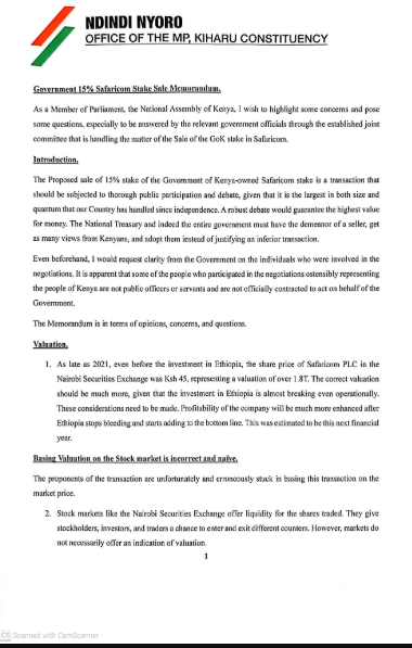 MP Ndindi Nyoro's memorandum presented before the joint Committee of Finance & National Planning and Public Debt & Privatisation on the Proposed sale of government's 15 per cent stake in Safaricom on Tuesday, January 20, 2026. PHOTO/@NdindiNyoro/X 
