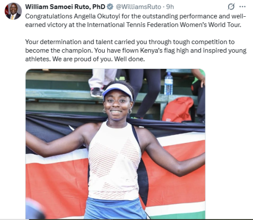 Statement of President William Ruto on Angella Okutoyi's win at the 2026 ITF W35 on Sunday, January 4, 2026. PHOTO/Screengrab by People Daily Digital/@WilliamsRuto/X