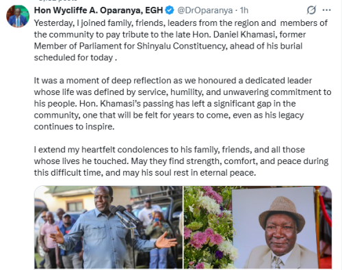 Wycliffe Oparanya's statement on the passing of former MP Daniel Khamasi. PHOTP/Screengrab by People Daily Digital/@DrOparanya/X