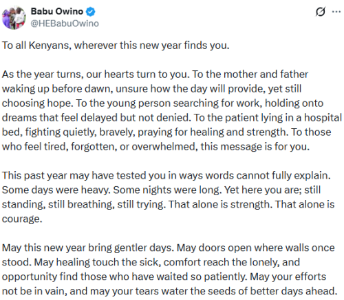 Babu Owino's New Year's message to Kenyans on Thursday, January 1, 2026. PHOTO/Screengrab by People Daily Digital/X