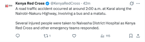 Kenya Red Cross statement on the Karai accident released on Monday, January 5, 2026. PHOTO/Screengrab by People Daily Digital/@KenyaRedCross/X