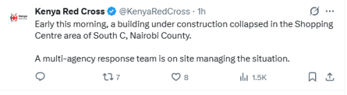 Statement of Kenya Red Cross on the collapsed 16-storey building in Nairobi's South C area on Friday, January 2, 2026. PHOTO/@KenyaRedCross/X