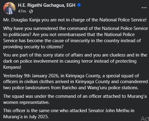 Statement of Rigathi Gachagua on the chaotic visit to Kirinyaga on Friday, January 9, 2026. PHOTO/Screengrab by People Daily Digital/@rigathi/X