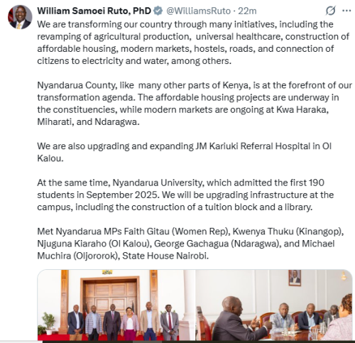 Statement of President William Ruto on taking his transformative agenda to Nyandarua County on Tuesday, January 20, 2026. PHOTO/Screengrab by People Daily Digital/@WilliamsRuto/X