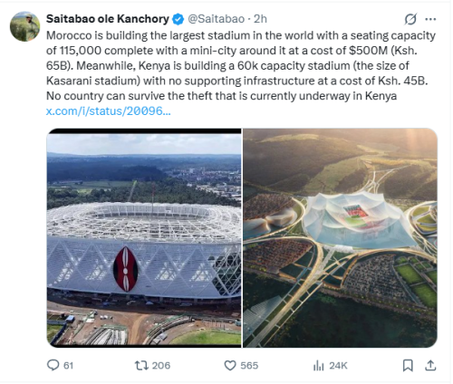 Saibatao ole Kanchory's comparison on stadium projects in Kenya and Morocco. PHOTO/Screengrab by People Daily Digital/@Saibatao/X