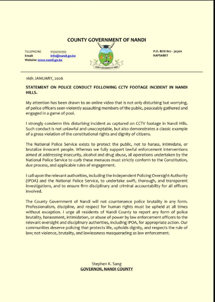 Nandi Governor Stephen Sang's statement on police brutality in Nandi Hills. PHOTO/@Araap_Sang/X 