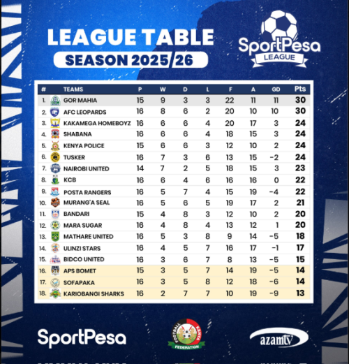 FKF Premier League standings. PHOTO/@Officialfkfpl/X