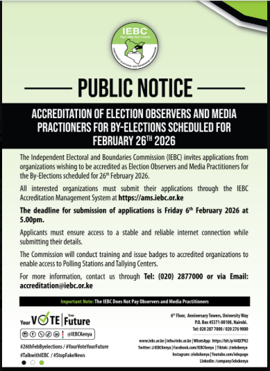 IEBC announces applications for the accreditation of election observers and media practitioners ahead of the by-elections scheduled for Thursday, February 26, 2026. PHOTO/Screengrab by People Daily Digital/@IEBCKenya/X