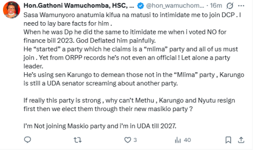 Statement of MP Gathoni Wamuchomba on joining DCP. PHOTO/Screengrab by People Daily Digital/@hon_wamuchomba/X