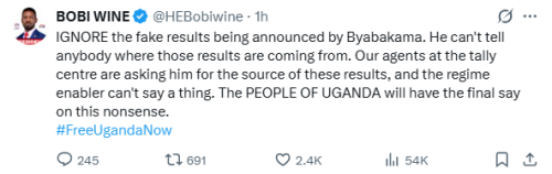 Statement of Bobi Wine on election results following Uganda's presidential election. PHOTO/@HEBobiwine/X