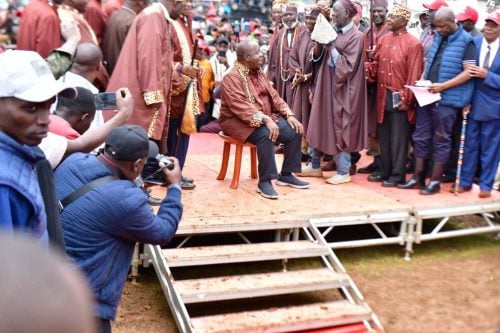 Former Interior Cabinet Secretary Fred Matiang'i while being coronated as the Kisii community's spokesman and Elder at Ekerenyo ground on Monday, February 23, 2026. PHOTO//Screengrab by People Daily Digital