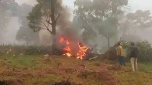 Fire burning at the scene of the chopper’s crash. PHOTO/https://www.facebook.com/Kiptarus Bilionaire