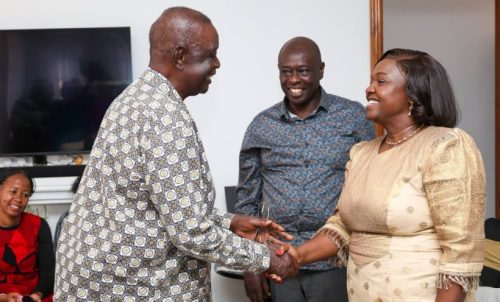 Pastor Dorcas greeting Oburu Odinga with former Deputy President Rigathi Gachagua watching on Friday, February 13, 2026. PHOTO/https://www.facebook.com/DPGachagua