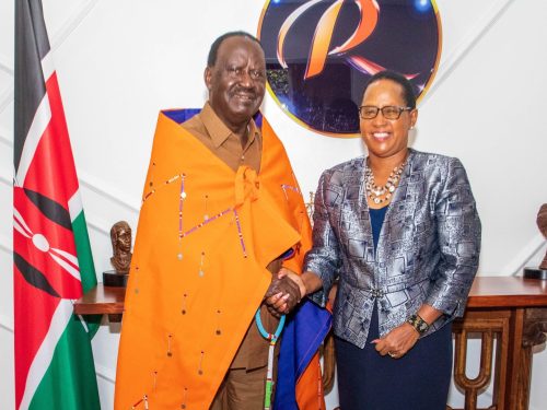 The late Raila Odinga with Principal Secretary Judith Pareno during their last meeting in May 2025. PHOTO/@RailaOdinga/X