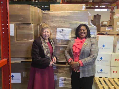 Carolyne Kamende with HPIC President Lois Brown during the flag-off of a medical donations shipment in Oakville, Toronto. PHOTO/@KamendeCarolyne/X