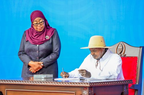 Samia Suluhu Hassan and Yoweri Museveni meet in Dar es Salaam, Tanzania. PHOTO/@KagutaMuseveni/X