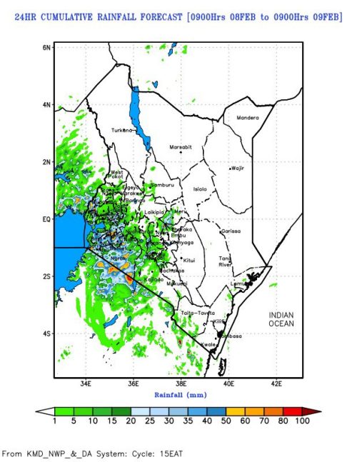 Rainfall forecast across parts of Kenya. PHOTO/@MeteoKenya/X