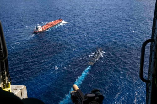 The Veronica III seen from a distance before US forces boarded. PHOTO/@DeptofWar/X