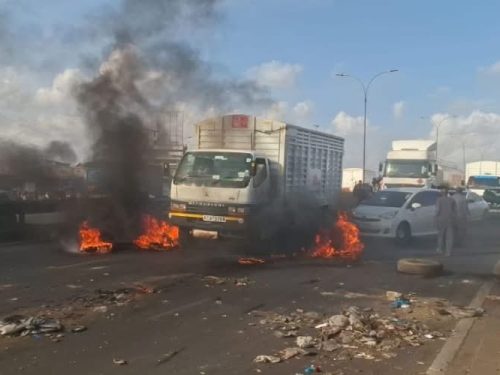 Flames rise from burning tyres on the Thika Superhighway. PHOTO/@KamemeTvKenya/X
