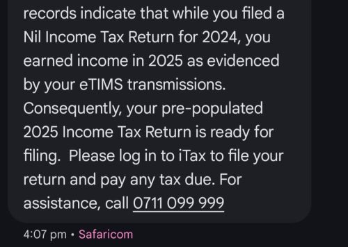 Part of the SMS sent by KRA notifying taxpayers. PHOTO/Screengrab by People Daily Digital