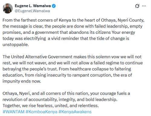 X post by Eugene Wamalwa. PHOTO/Screengrab by People Daily Digital
