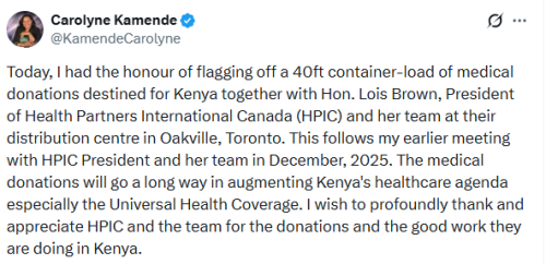 X post by Carolyne Kamende. PHOTO/Screengrab by People Daily Digital