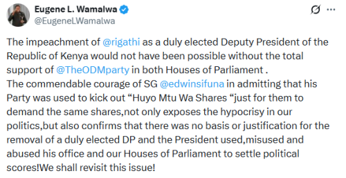 X post by Eugene Wamalwa. PHOTO/Screengrab by People Daily Digital