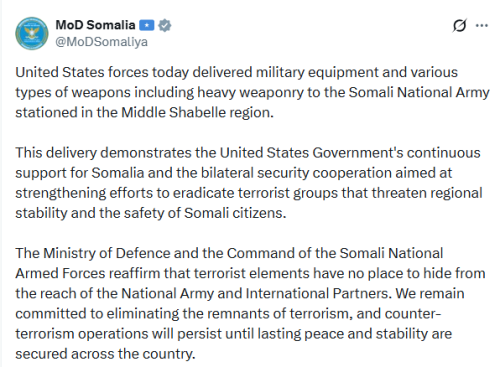 X post by MoD Somalia. PHOTO/Screengrab by People Daily Digital