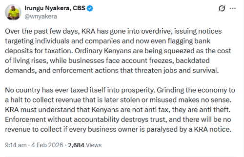 X post by Irungu Nyakera. PHOTO/Screengrab by People Daily Digital