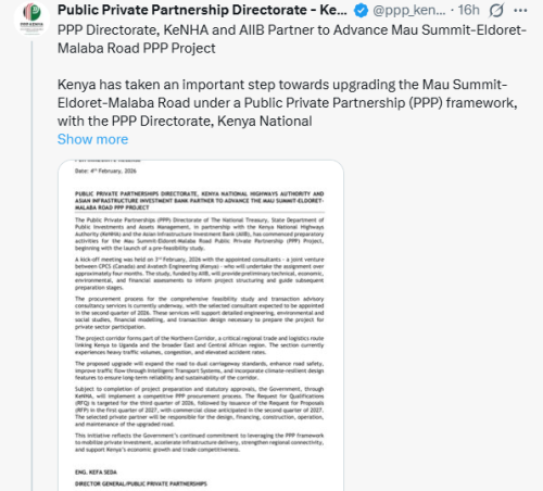 X post by Public Private Partnership Directorate. PHOTO/Screengrab by People Daily Digital