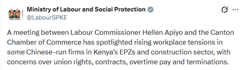 X post by Ministry of Labour and Social Protection. PHOTO/Screengrab by People Daily Digital