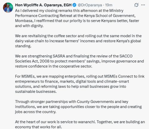 X post by Wycliffe Oparanya. PHOTO/Screengrab by People Daily Digital