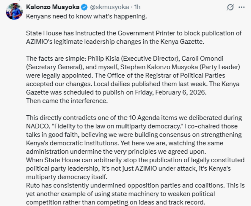 X post by Kalonzo Musyoka. PHOTO/Screengrab by People Daily Digital