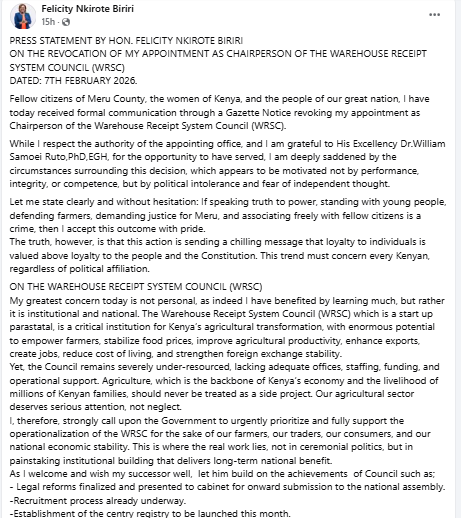 Facebook post by Felicity Biriri. PHOTO/Screengrab by People Daily Digital
