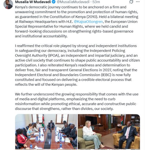 Musalia Mudavadi X post. PHOTO/A screengrab by PD Digital