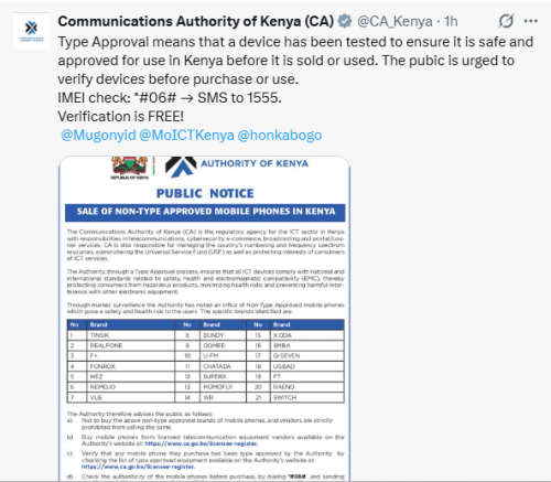 X post by the Communications Authority of Kenya. PHOTO/Screengrab by People Daily Digital