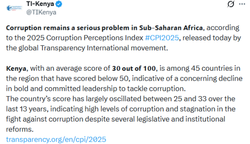 An X post by Transparency International Kenya. PHOTO/Screengrab by People Daily Digital