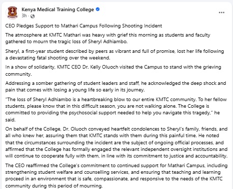 Facebook post by KMTC. PHOTO/Screengrab by People Daily Digital