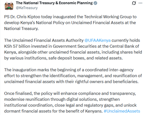 X post by The National Treasury & Economic Planning . PHOTO/Screengrab by People Daily Digital