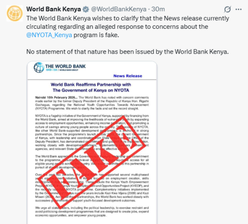 X post by World Bank Kenya. PHOTO/Screengrab by People Daily Digital