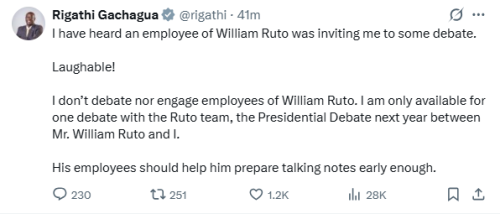 X post by Rigathi Gachagua. PHOTO/Screengrab by People Daily Digital