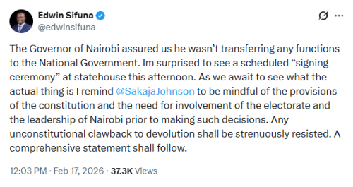 X post by Edwin Sifuna. PHOTO/Screengrab by People Daily Digital