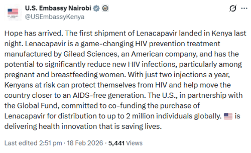 X post by the US Embassy Nairobi. PHOTO/Screengrab by People Daily Digital