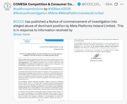 X post by COMESA Competition & Consumer Commission. PHOTO/Screengrab by People Daily Digital