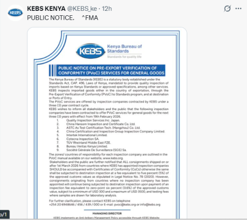 X post by KEBS. PHOTO/Screengrab by People Daily Digital