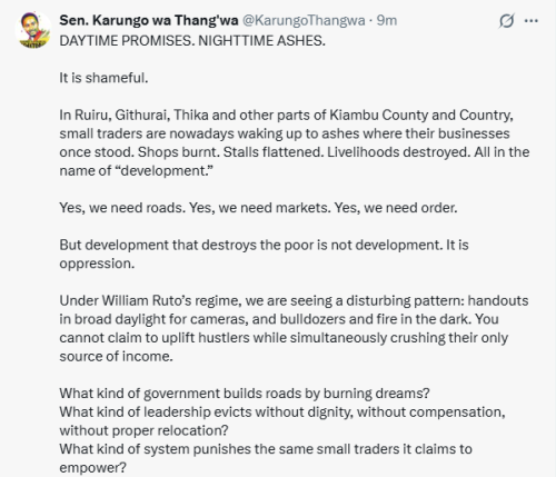 X post by Karungo wa Thang'wa. PHOTO/Screengrab by People Daily Digital